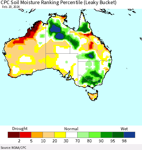Australia CPC Soil Moisture Ranking Percentile (Leaky Bucket) Thematic Map For 2/16/2024 - 2/20/2024