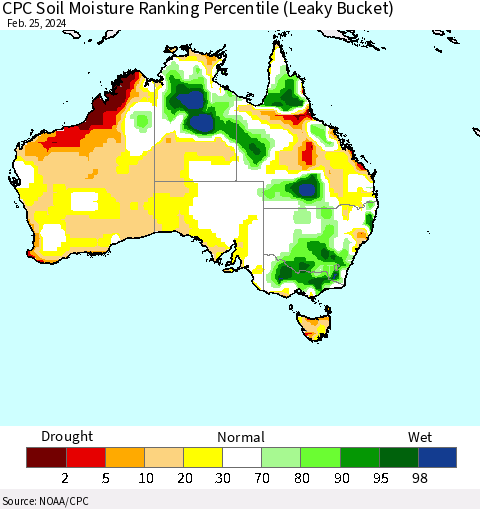 Australia CPC Soil Moisture Ranking Percentile (Leaky Bucket) Thematic Map For 2/21/2024 - 2/25/2024