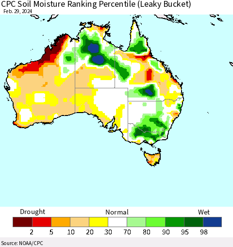 Australia CPC Soil Moisture Ranking Percentile (Leaky Bucket) Thematic Map For 2/26/2024 - 2/29/2024