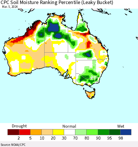 Australia CPC Soil Moisture Ranking Percentile (Leaky Bucket) Thematic Map For 3/1/2024 - 3/5/2024