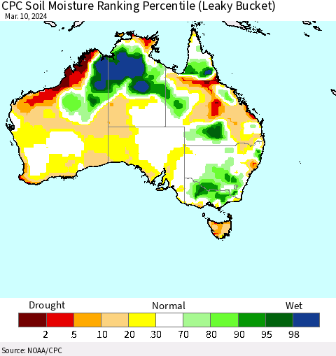 Australia CPC Soil Moisture Ranking Percentile (Leaky Bucket) Thematic Map For 3/6/2024 - 3/10/2024
