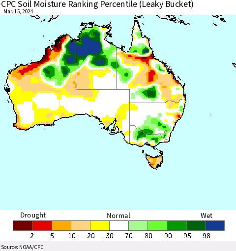 Australia CPC Soil Moisture Ranking Percentile (Leaky Bucket) Thematic Map For 3/11/2024 - 3/15/2024