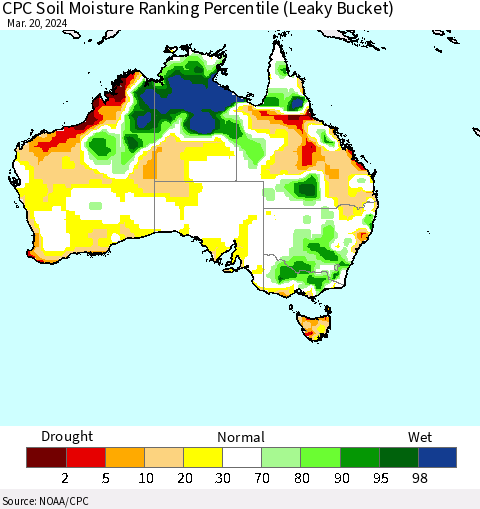 Australia CPC Soil Moisture Ranking Percentile (Leaky Bucket) Thematic Map For 3/16/2024 - 3/20/2024