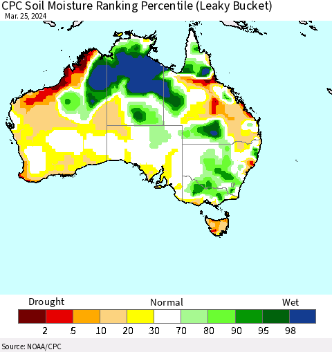 Australia CPC Soil Moisture Ranking Percentile (Leaky Bucket) Thematic Map For 3/21/2024 - 3/25/2024