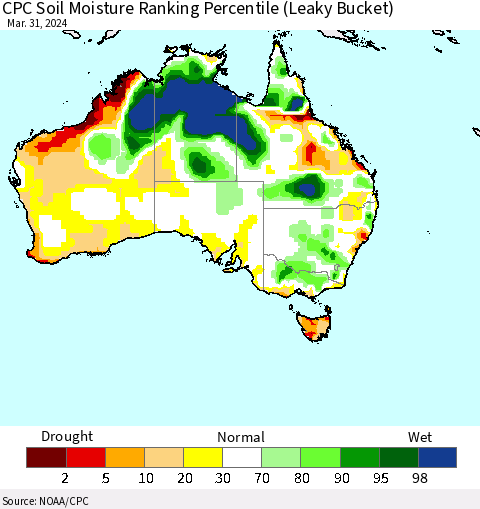 Australia CPC Soil Moisture Ranking Percentile (Leaky Bucket) Thematic Map For 3/26/2024 - 3/31/2024