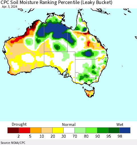 Australia CPC Soil Moisture Ranking Percentile (Leaky Bucket) Thematic Map For 4/1/2024 - 4/5/2024