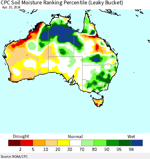 Australia CPC Soil Moisture Ranking Percentile (Leaky Bucket) Thematic Map For 4/6/2024 - 4/10/2024