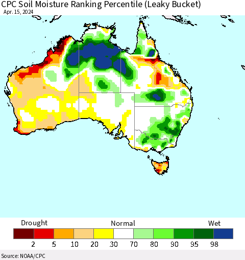 Australia CPC Soil Moisture Ranking Percentile (Leaky Bucket) Thematic Map For 4/11/2024 - 4/15/2024