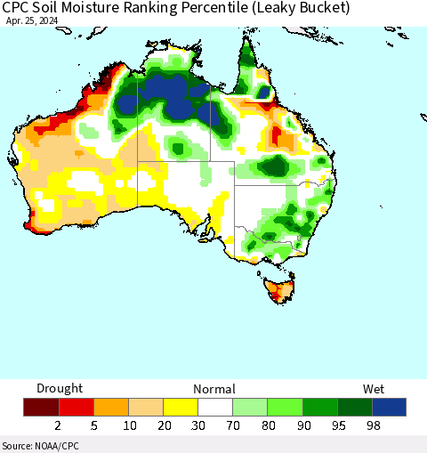Australia CPC Soil Moisture Ranking Percentile (Leaky Bucket) Thematic Map For 4/21/2024 - 4/25/2024