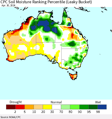 Australia CPC Soil Moisture Ranking Percentile (Leaky Bucket) Thematic Map For 4/26/2024 - 4/30/2024