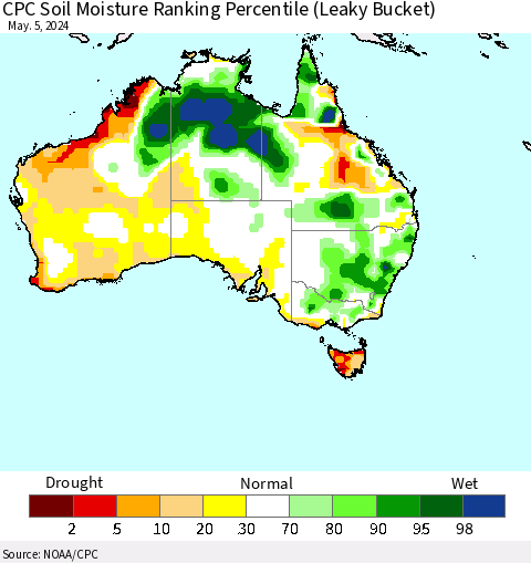 Australia CPC Soil Moisture Ranking Percentile (Leaky Bucket) Thematic Map For 5/1/2024 - 5/5/2024