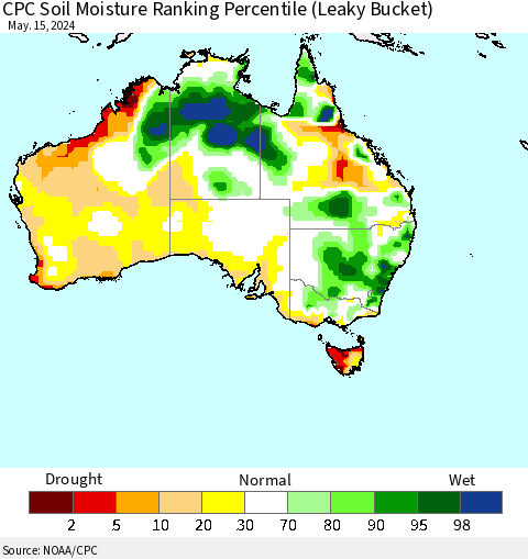 Australia CPC Soil Moisture Ranking Percentile (Leaky Bucket) Thematic Map For 5/11/2024 - 5/15/2024