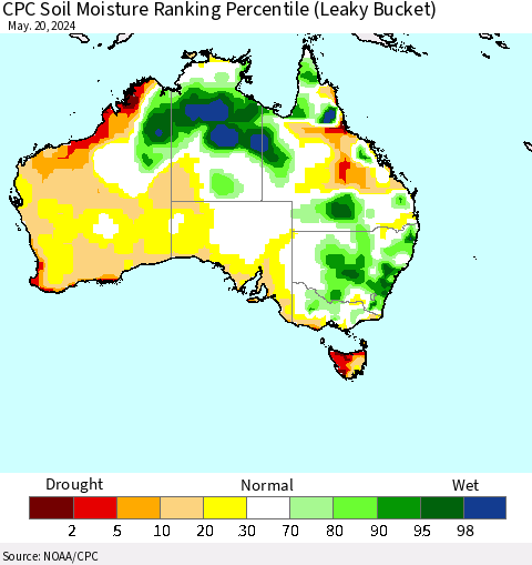 Australia CPC Soil Moisture Ranking Percentile (Leaky Bucket) Thematic Map For 5/16/2024 - 5/20/2024