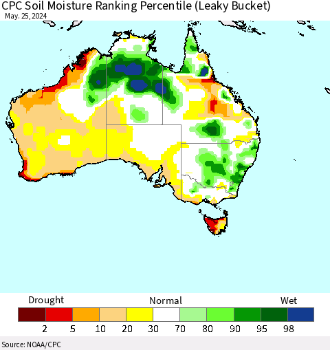 Australia CPC Soil Moisture Ranking Percentile (Leaky Bucket) Thematic Map For 5/21/2024 - 5/25/2024