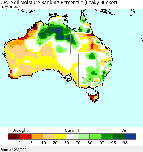 Australia CPC Soil Moisture Ranking Percentile (Leaky Bucket) Thematic Map For 5/26/2024 - 5/31/2024