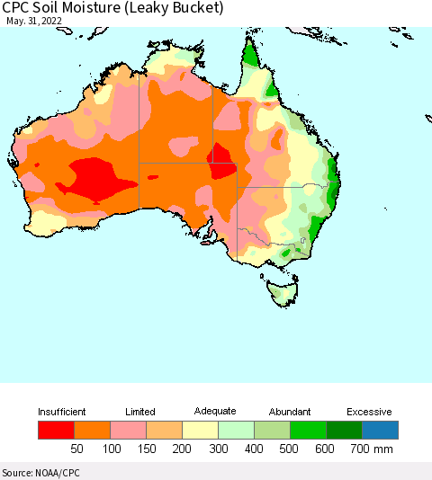 Australia CPC Soil Moisture (Leaky Bucket) Thematic Map For 5/26/2022 - 5/31/2022