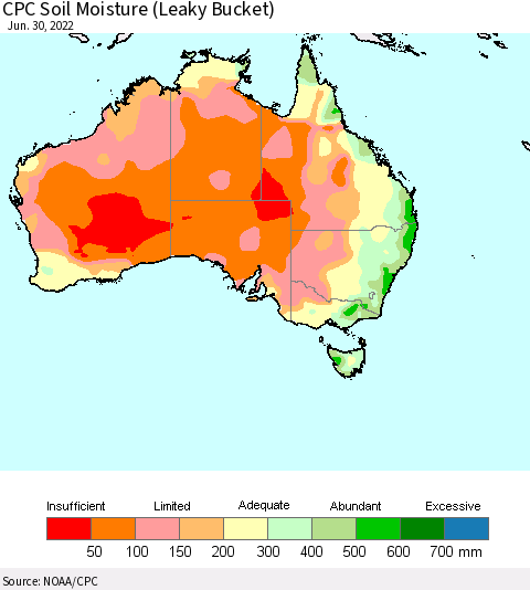 Australia CPC Soil Moisture (Leaky Bucket) Thematic Map For 6/26/2022 - 6/30/2022
