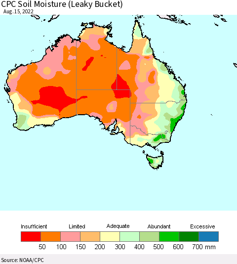 Australia CPC Soil Moisture (Leaky Bucket) Thematic Map For 8/11/2022 - 8/15/2022