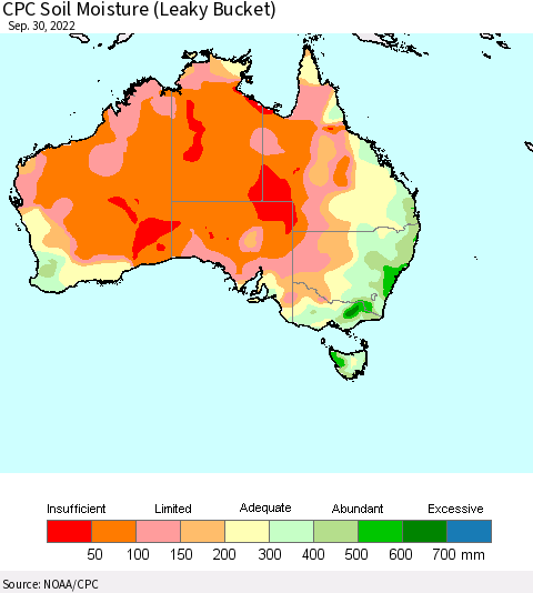 Australia CPC Soil Moisture (Leaky Bucket) Thematic Map For 9/26/2022 - 9/30/2022