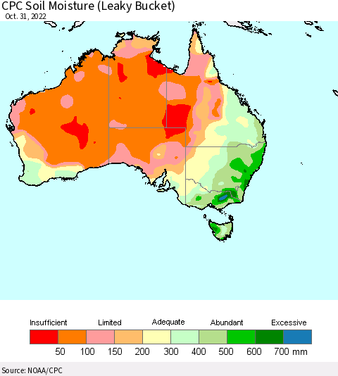 Australia CPC Soil Moisture (Leaky Bucket) Thematic Map For 10/26/2022 - 10/31/2022