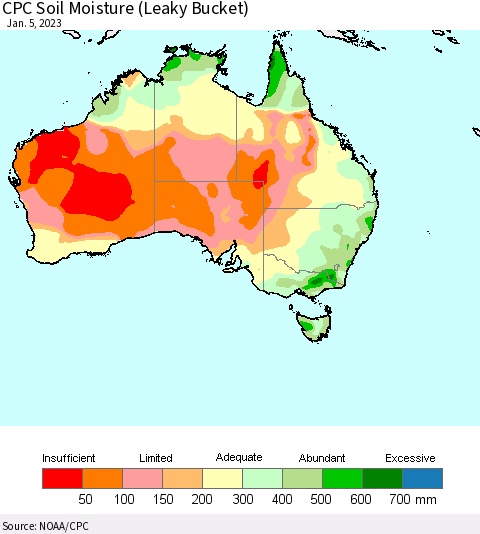 Australia CPC Soil Moisture (Leaky Bucket) Thematic Map For 1/1/2023 - 1/5/2023