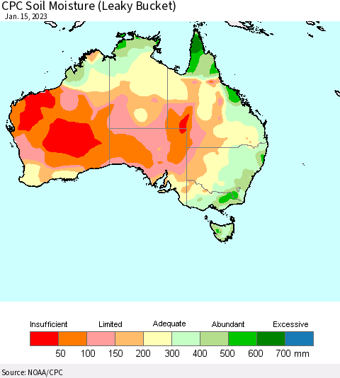 Australia CPC Soil Moisture (Leaky Bucket) Thematic Map For 1/11/2023 - 1/15/2023