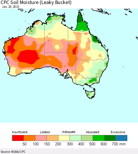 Australia CPC Soil Moisture (Leaky Bucket) Thematic Map For 1/16/2023 - 1/20/2023