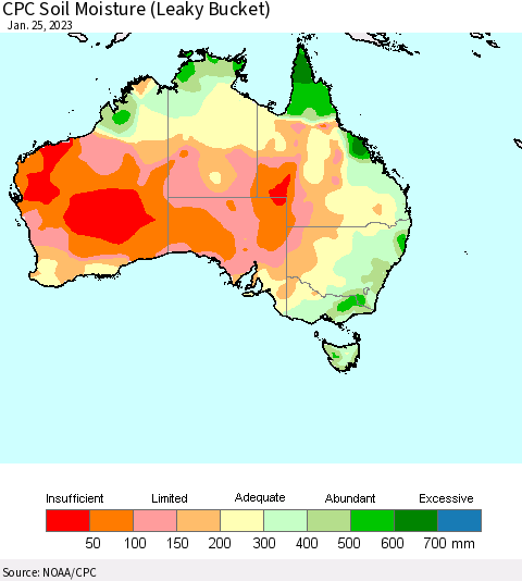 Australia CPC Soil Moisture (Leaky Bucket) Thematic Map For 1/21/2023 - 1/25/2023