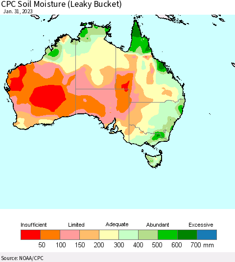Australia CPC Soil Moisture (Leaky Bucket) Thematic Map For 1/26/2023 - 1/31/2023