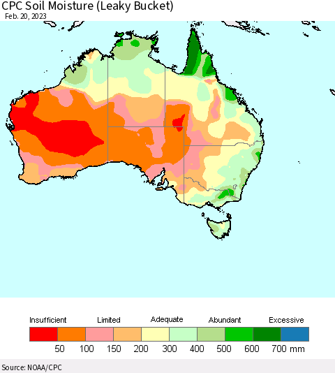 Australia CPC Soil Moisture (Leaky Bucket) Thematic Map For 2/16/2023 - 2/20/2023