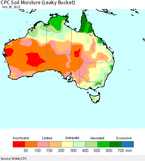 Australia CPC Soil Moisture (Leaky Bucket) Thematic Map For 2/26/2023 - 2/28/2023