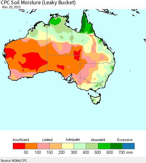 Australia CPC Soil Moisture (Leaky Bucket) Thematic Map For 3/16/2023 - 3/20/2023