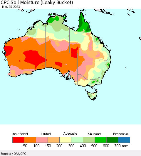 Australia CPC Soil Moisture (Leaky Bucket) Thematic Map For 3/21/2023 - 3/25/2023