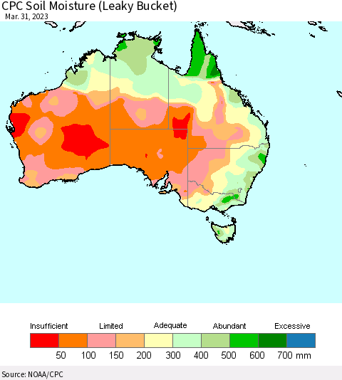 Australia CPC Soil Moisture (Leaky Bucket) Thematic Map For 3/26/2023 - 3/31/2023