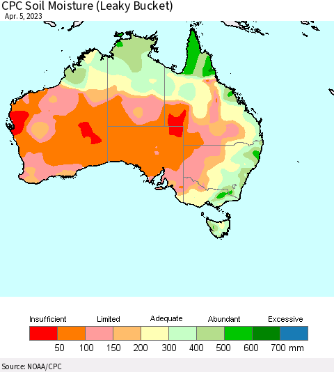Australia CPC Soil Moisture (Leaky Bucket) Thematic Map For 4/1/2023 - 4/5/2023