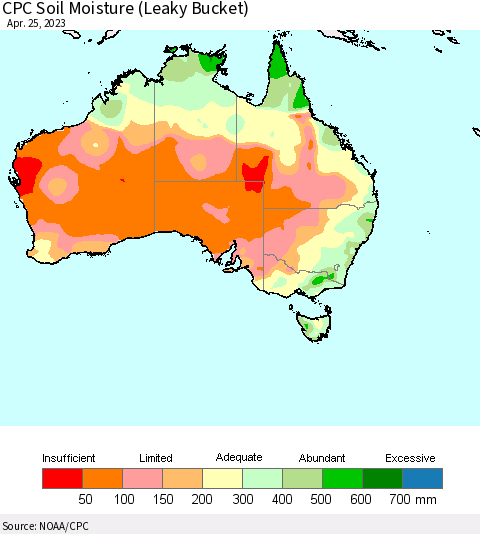 Australia CPC Soil Moisture (Leaky Bucket) Thematic Map For 4/21/2023 - 4/25/2023