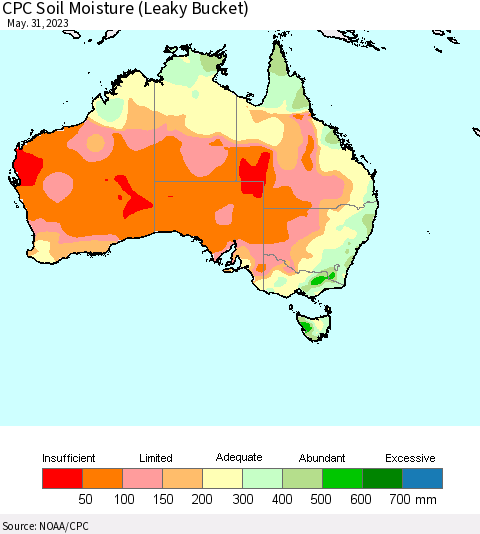 Australia CPC Soil Moisture (Leaky Bucket) Thematic Map For 5/26/2023 - 5/31/2023