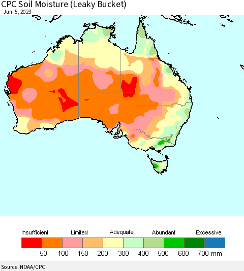 Australia CPC Soil Moisture (Leaky Bucket) Thematic Map For 6/1/2023 - 6/5/2023