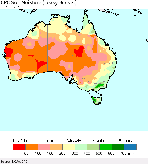 Australia CPC Soil Moisture (Leaky Bucket) Thematic Map For 6/26/2023 - 6/30/2023