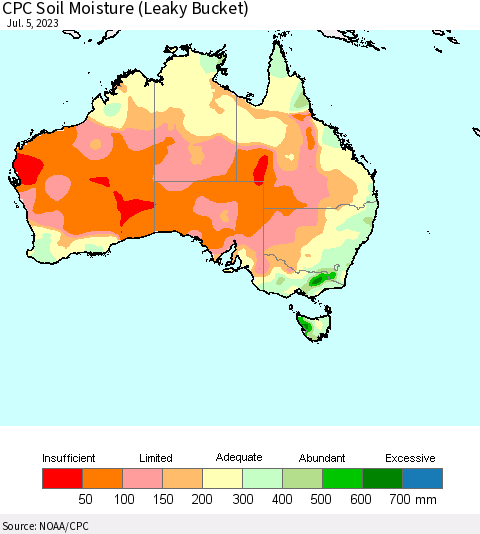 Australia CPC Soil Moisture (Leaky Bucket) Thematic Map For 7/1/2023 - 7/5/2023