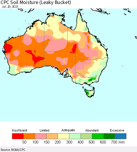 Australia CPC Soil Moisture (Leaky Bucket) Thematic Map For 7/16/2023 - 7/20/2023