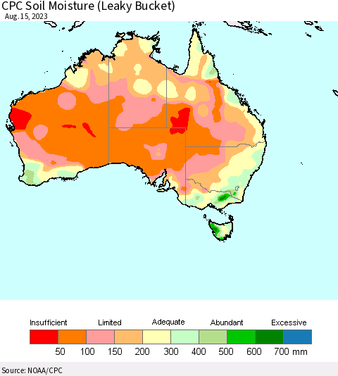 Australia CPC Soil Moisture (Leaky Bucket) Thematic Map For 8/11/2023 - 8/15/2023