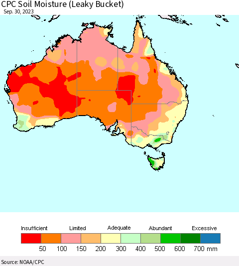 Australia CPC Soil Moisture (Leaky Bucket) Thematic Map For 9/26/2023 - 9/30/2023