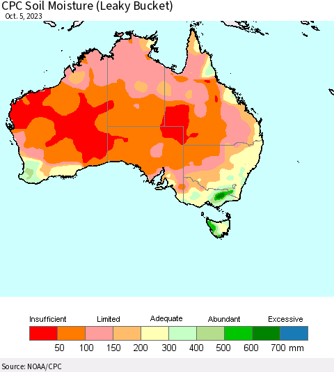 Australia CPC Soil Moisture (Leaky Bucket) Thematic Map For 10/1/2023 - 10/5/2023