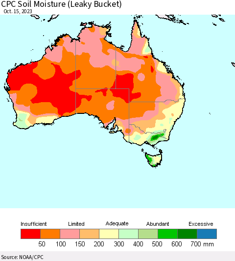 Australia CPC Soil Moisture (Leaky Bucket) Thematic Map For 10/11/2023 - 10/15/2023