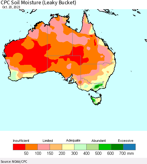 Australia CPC Soil Moisture (Leaky Bucket) Thematic Map For 10/16/2023 - 10/20/2023