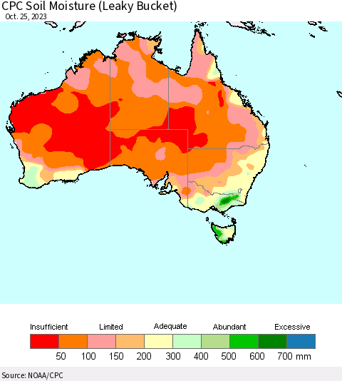 Australia CPC Soil Moisture (Leaky Bucket) Thematic Map For 10/21/2023 - 10/25/2023