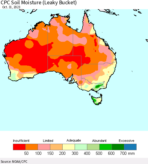 Australia CPC Soil Moisture (Leaky Bucket) Thematic Map For 10/26/2023 - 10/31/2023