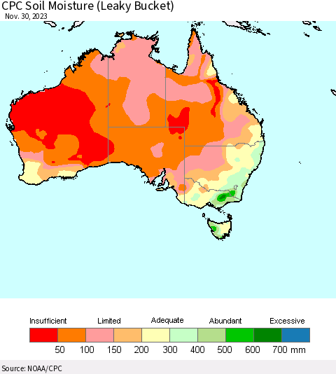 Australia CPC Soil Moisture (Leaky Bucket) Thematic Map For 11/26/2023 - 11/30/2023