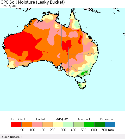 Australia CPC Soil Moisture (Leaky Bucket) Thematic Map For 12/11/2023 - 12/15/2023